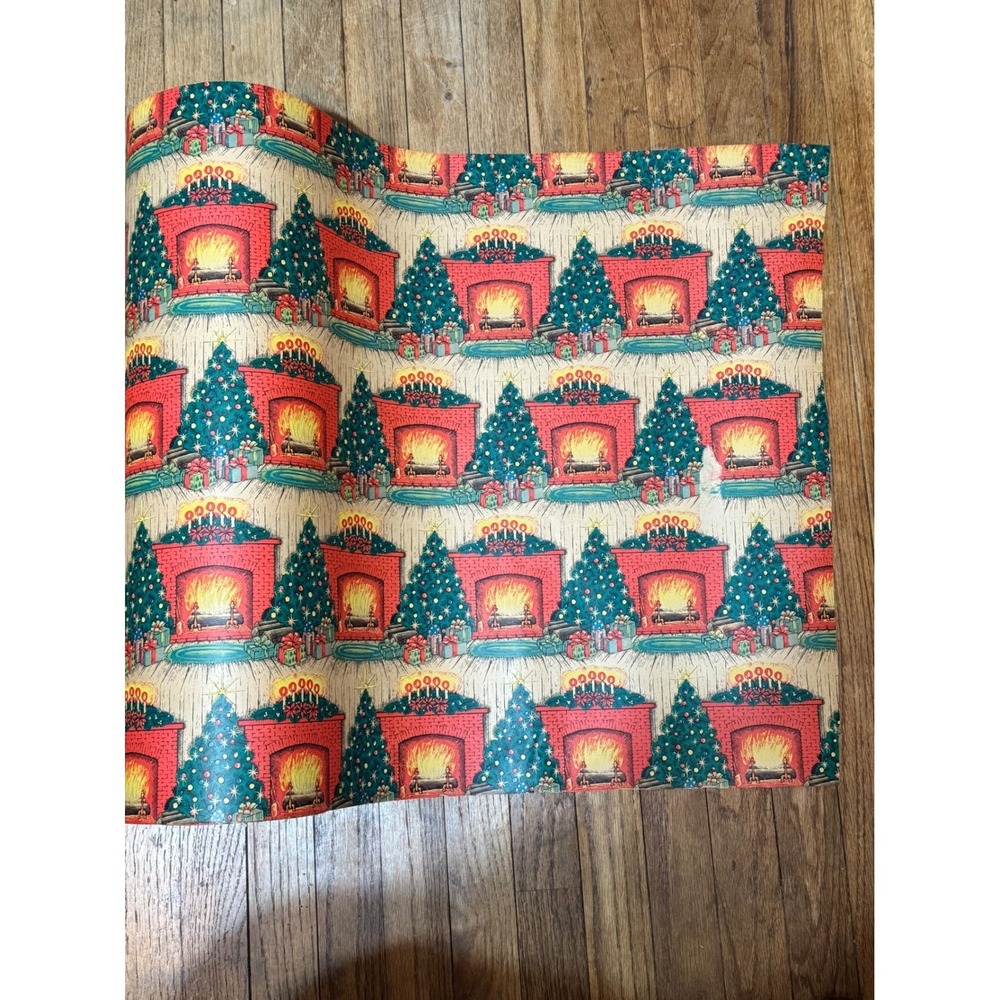 Vintage Dept Store Christmas Wrapping Paper Roll Fireplace Tree MCM